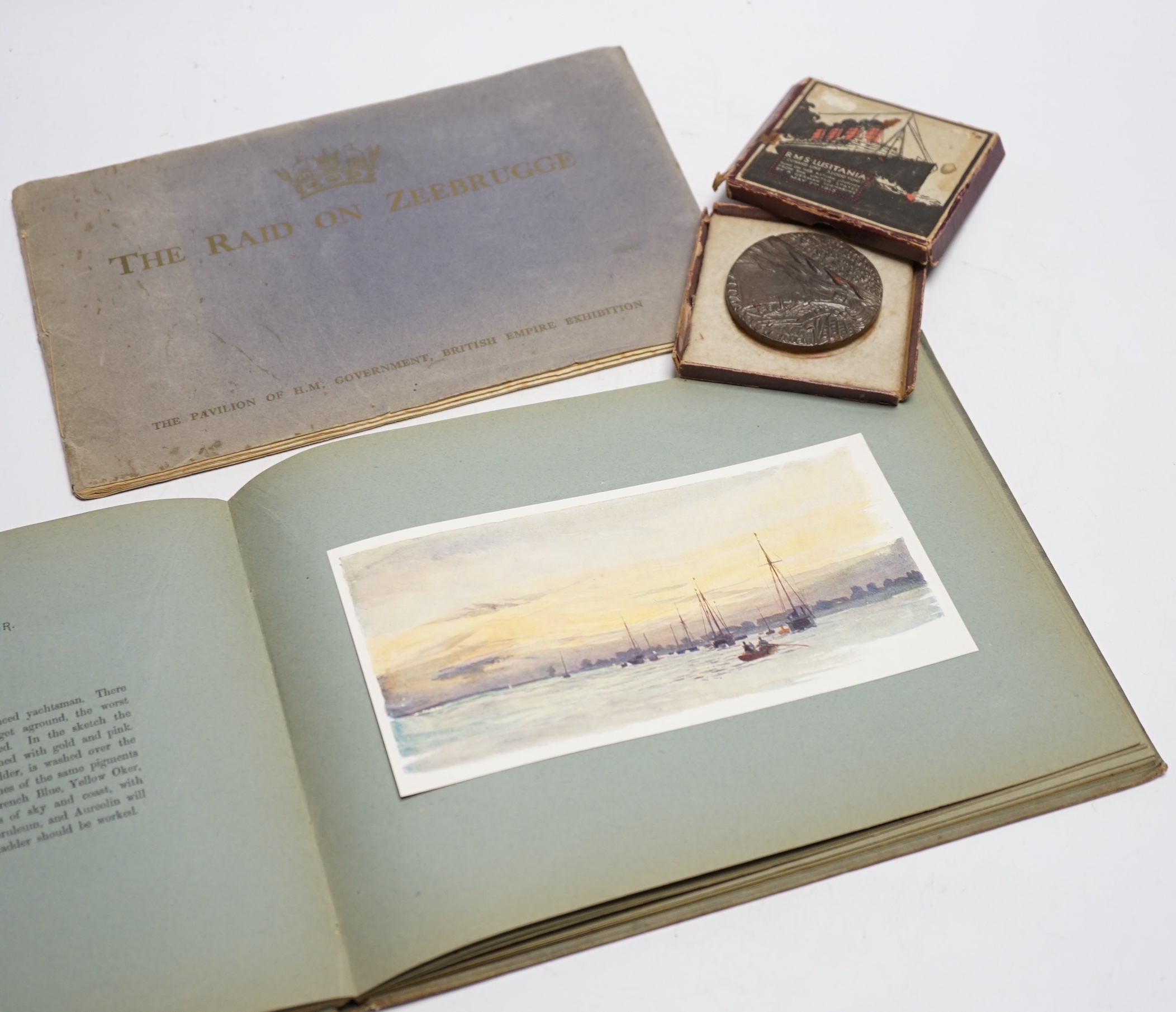 A collection of books and folders relating to naval vessels and ocean liners, including the raid on Zeebrugge, Wylies, marine painting, the launch of the Mauritania, the launch of the Queen Mary, the launch of the Queen